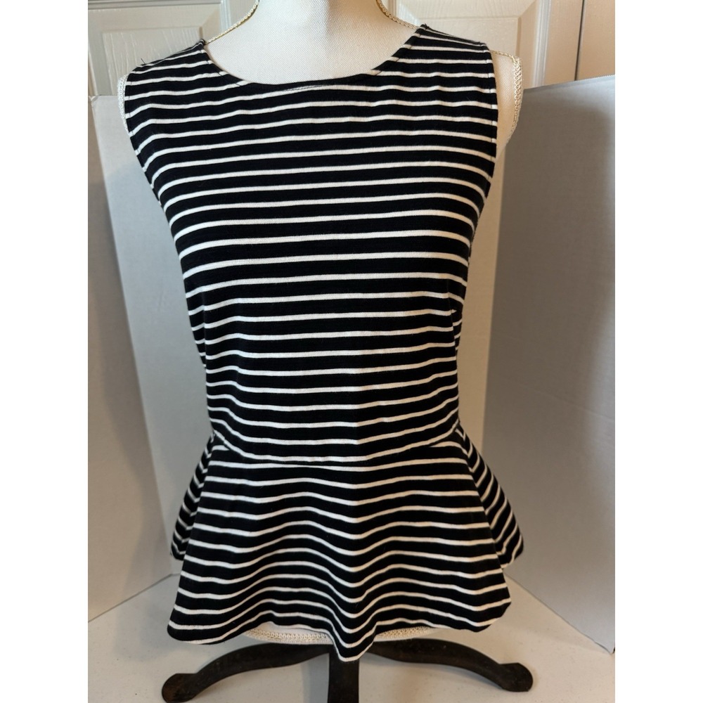 Women's J Crew Sleeveless Back Zip Top Sz Large Ruffle Bottom Striped
